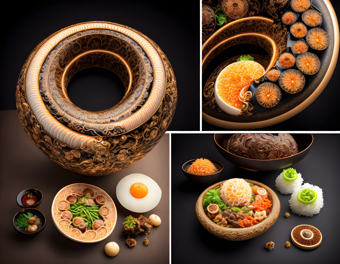 Intricately Carved Wooden Bowl with Traditional Dishes Displayed