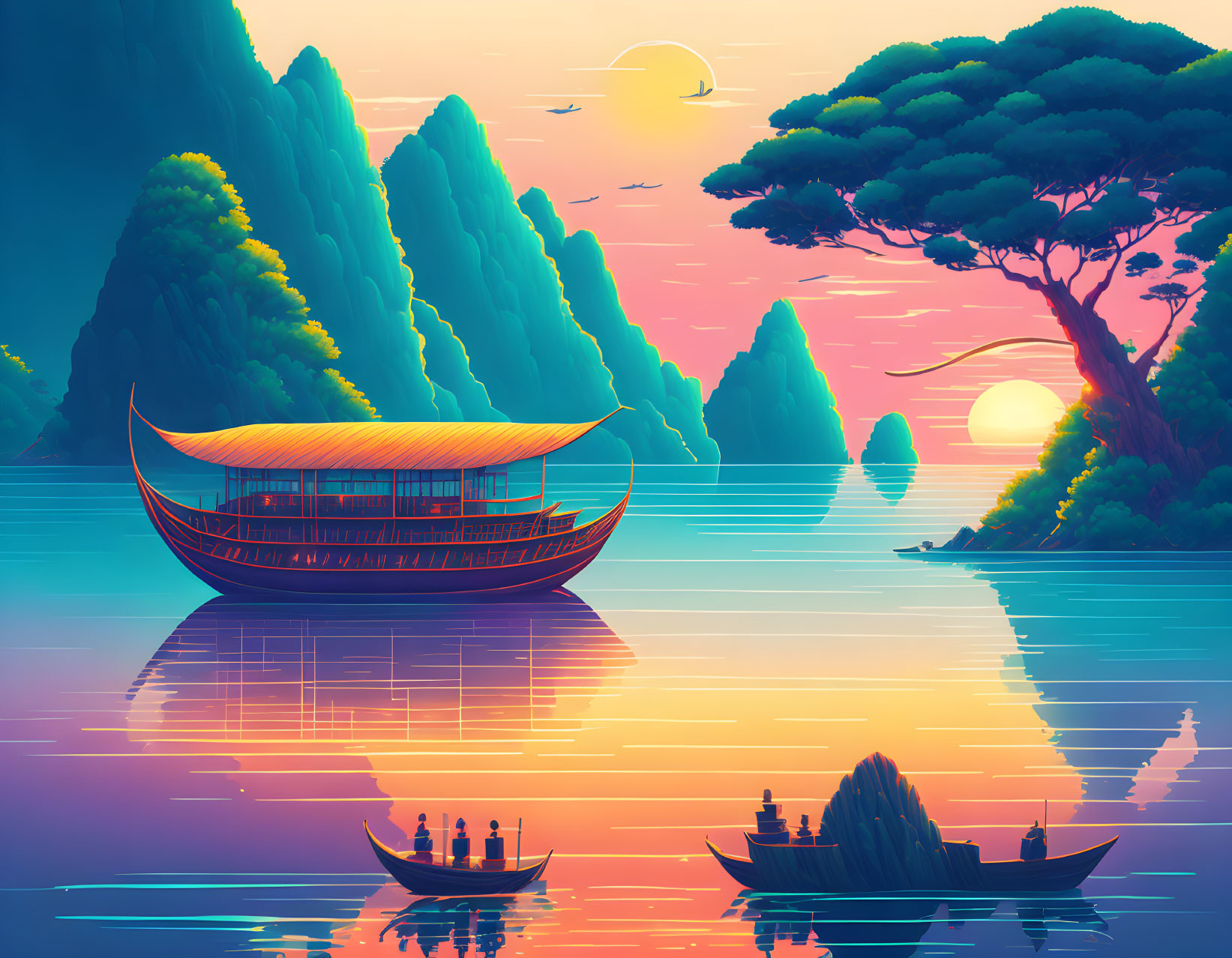 Digital artwork: Serene lake, traditional boats, karst mountains, setting sun, colorful reflections.