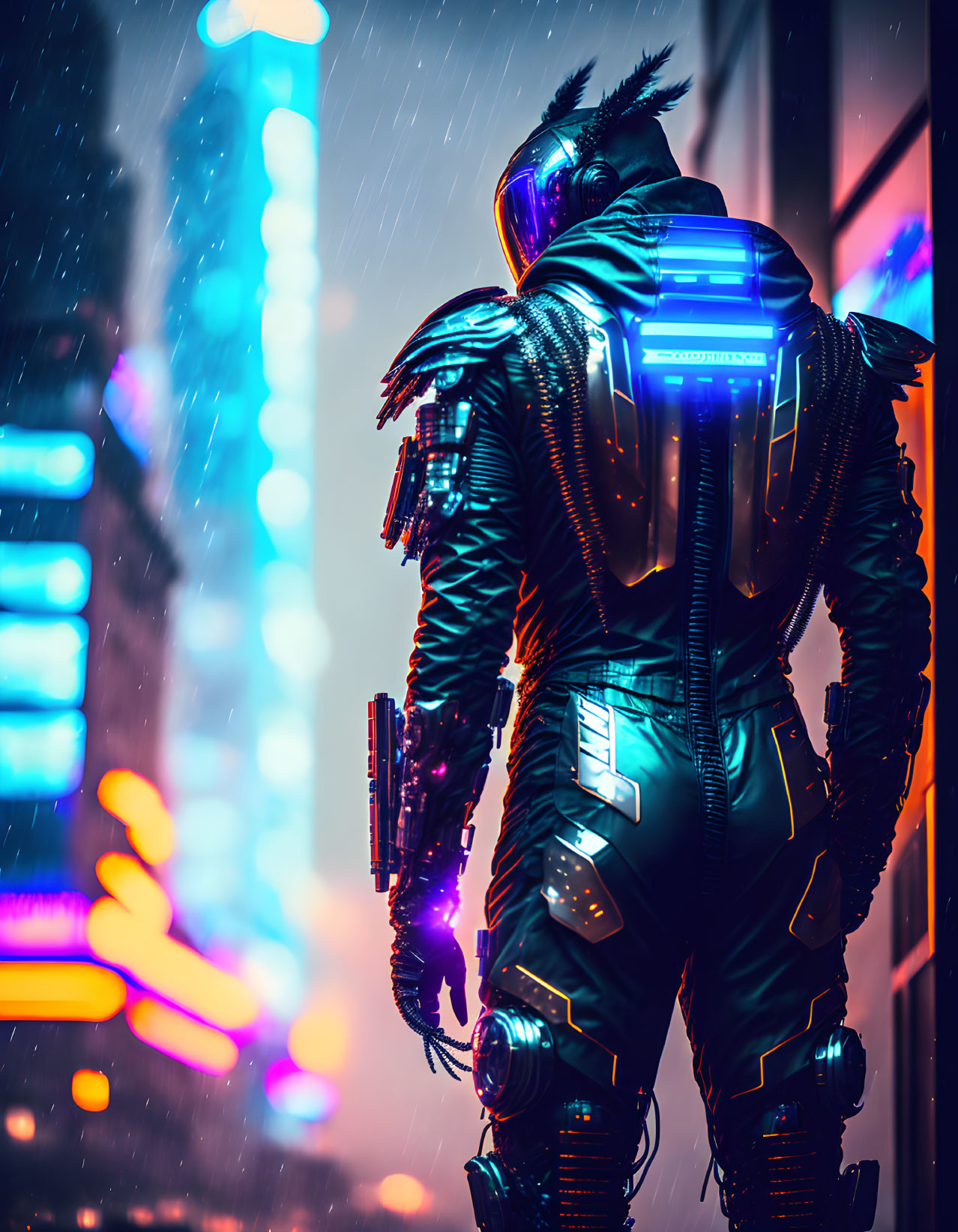 Futuristic warrior in neon-lit armor in rain-soaked cyberpunk cityscape