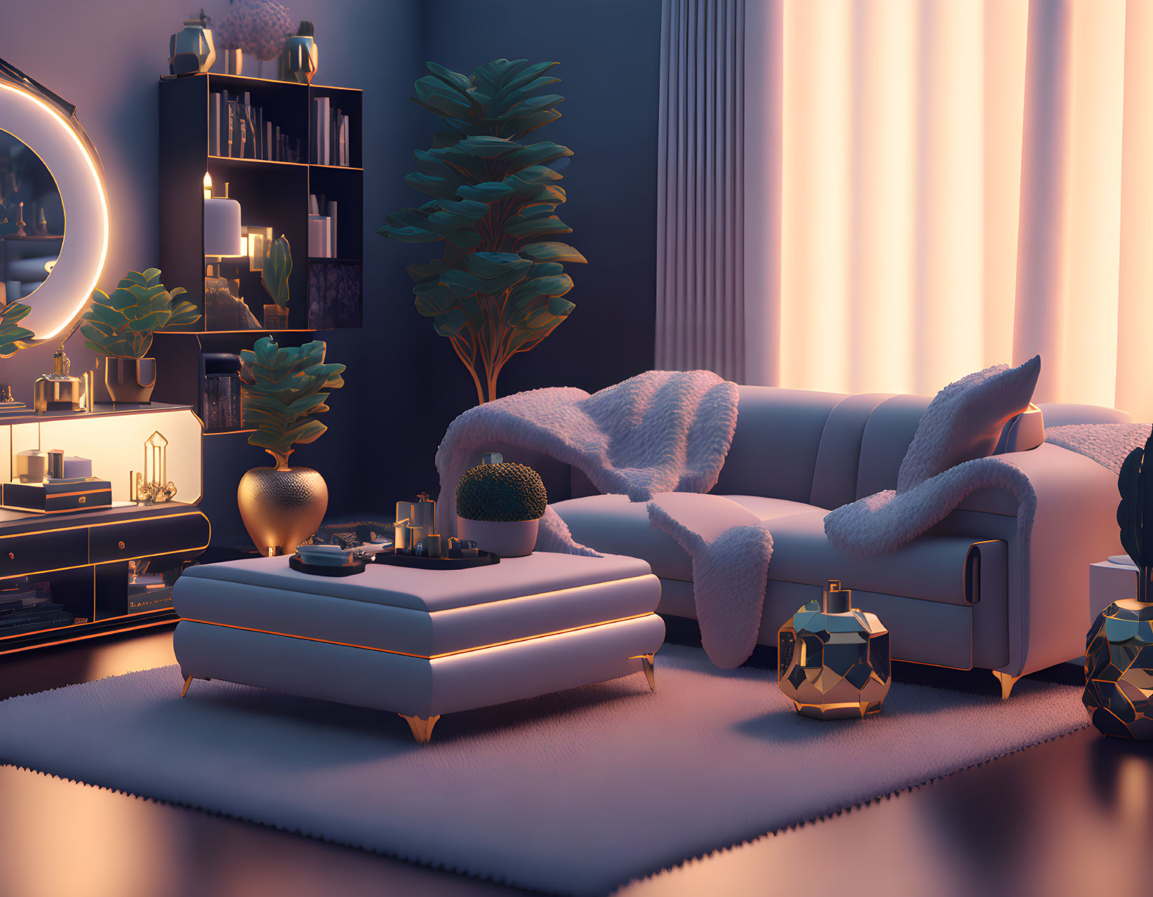 Modern living room with cozy sofa, cushions, plants, and warm lighting