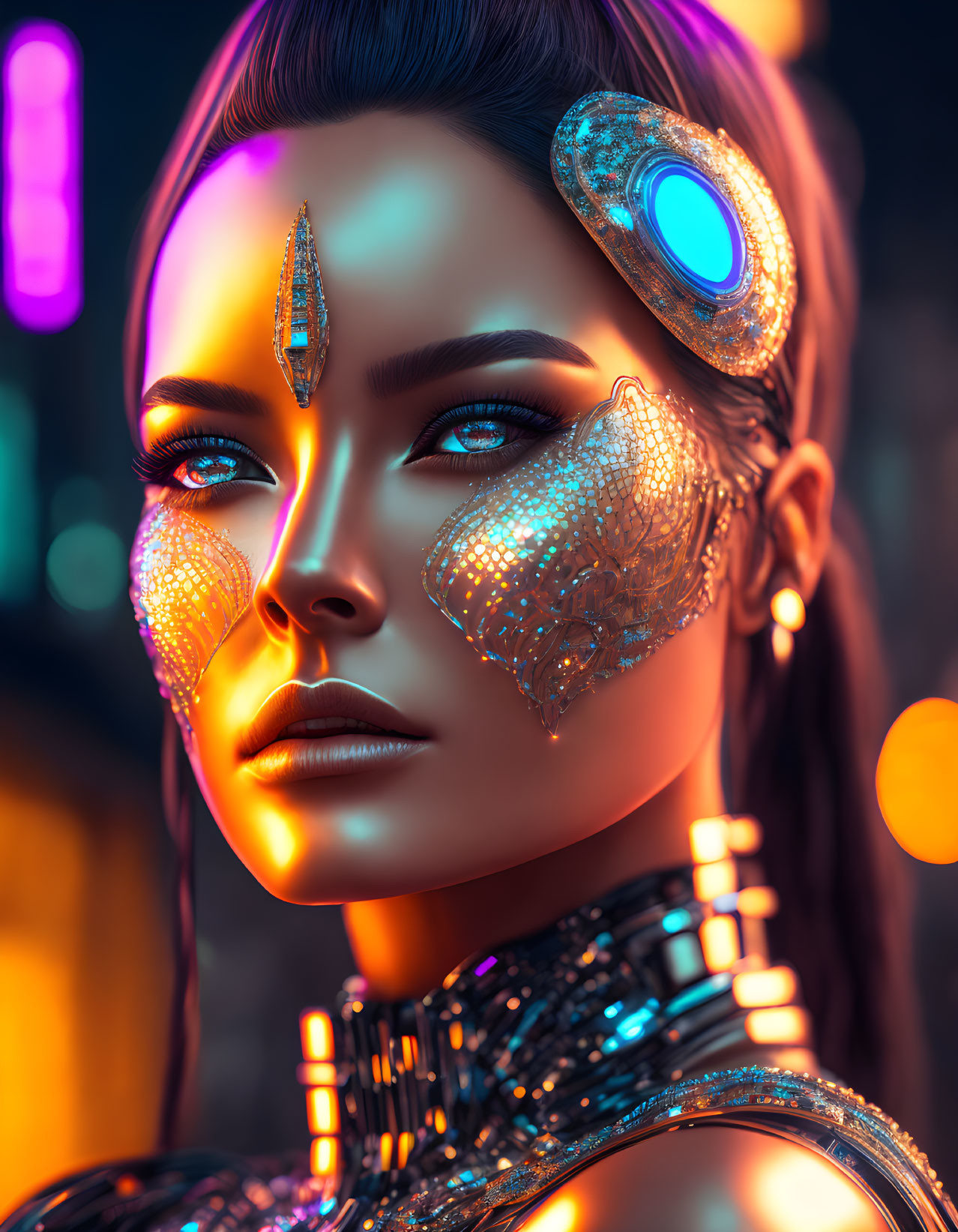 Futuristic female figure with cybernetic enhancements in neon-lit setting