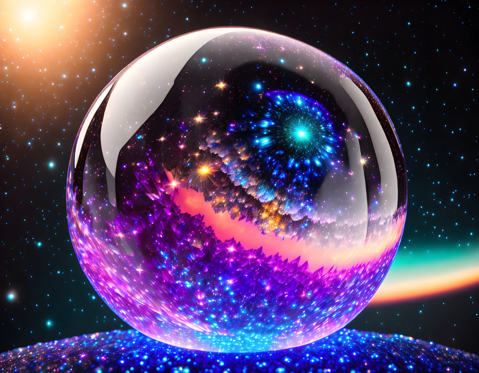 Swirling galaxy in vibrant crystal ball on textured surface