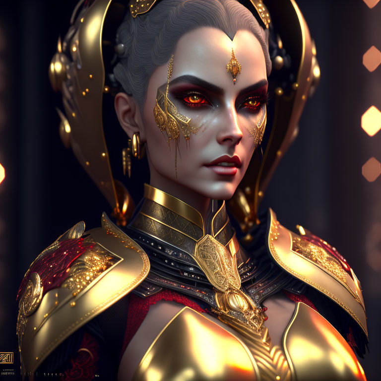 Digital artwork of a woman in golden headgear, intricate makeup, red eyes, and ornate armor