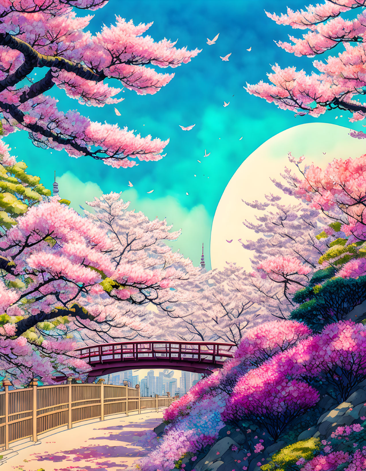 Pink cherry trees in bloom with traditional bridge and moon in serene park setting