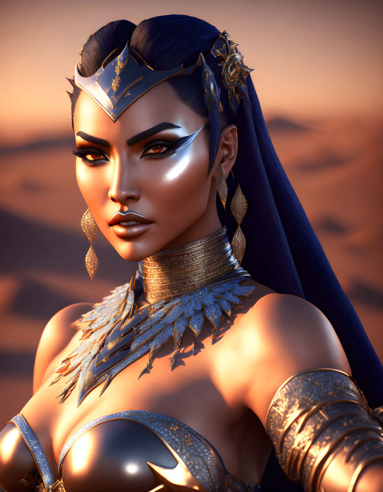 Fantasy warrior woman in golden armor with elaborate makeup and styled hair in desert.