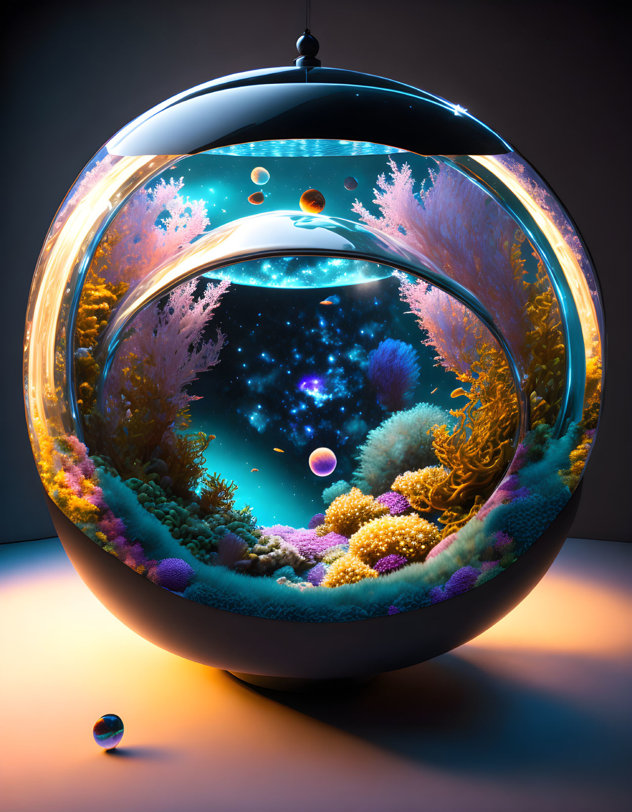 Colorful Coral and Fish in Round Aquarium Against Starry Background