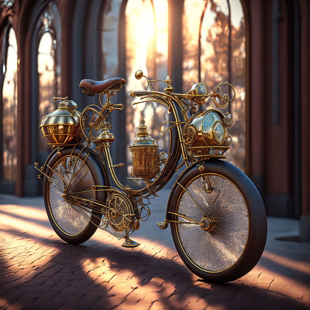 Vintage-inspired Ornate Bicycle on Cobbled Street at Sunset