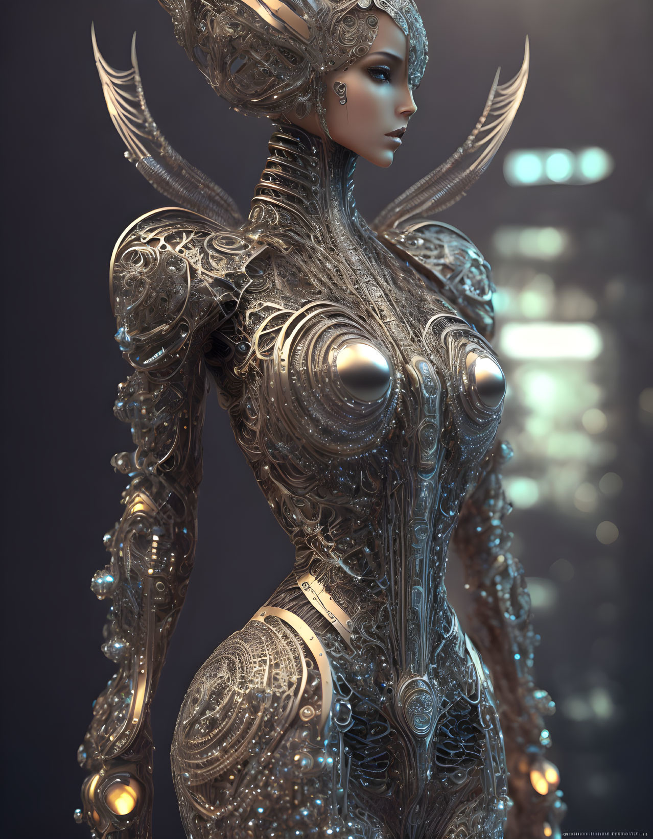 Detailed 3D illustration: Female figure in ornate metallic armor with glowing blue accents