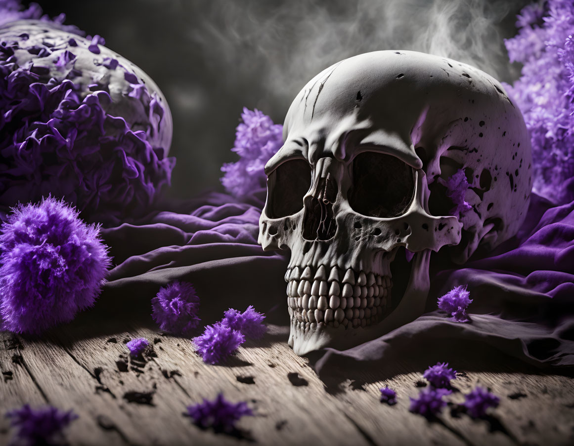 Two human skulls with purple flowers on wooden surface in dark, moody setting