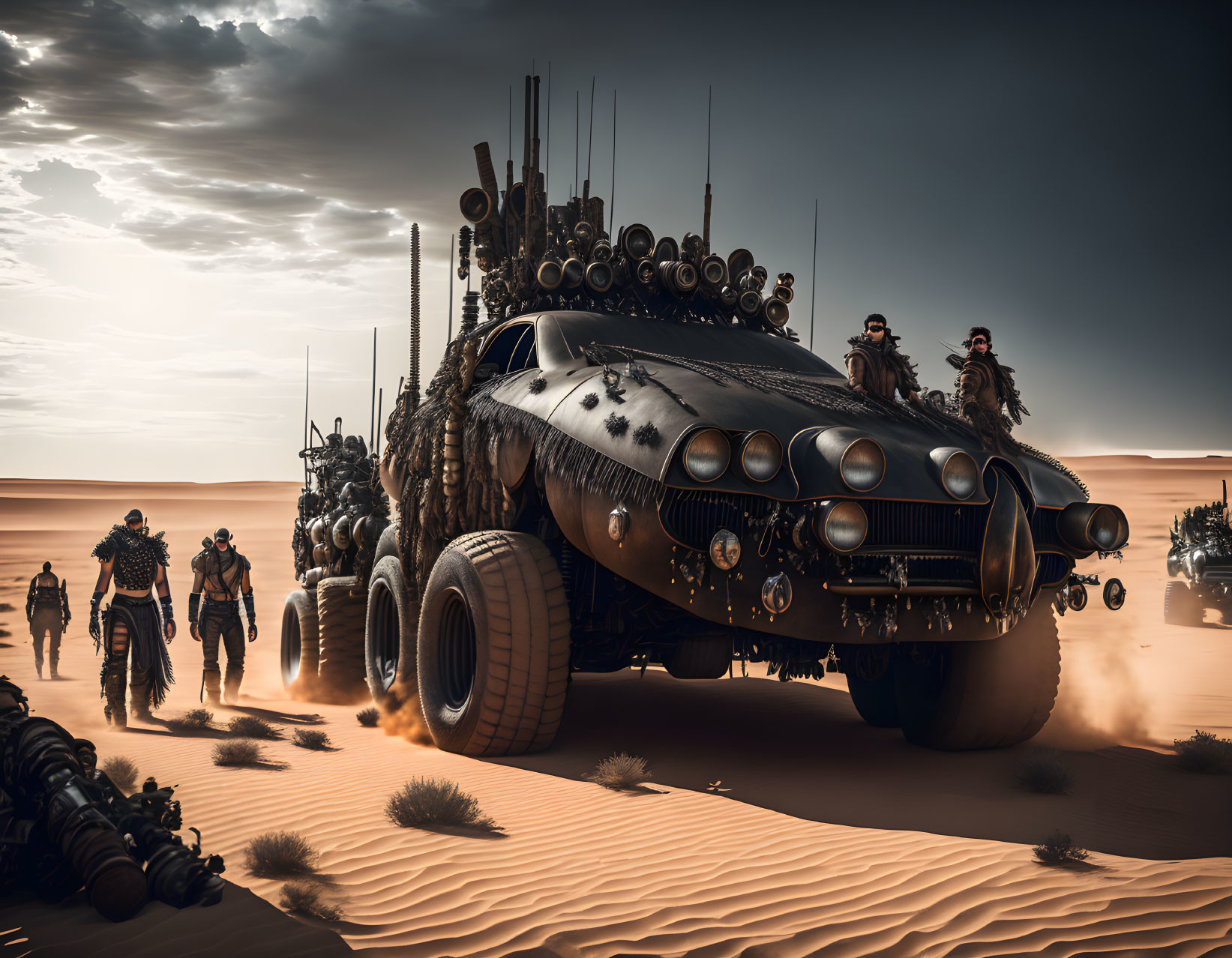 Armed post-apocalyptic survivors in desert convoy with modified vehicle