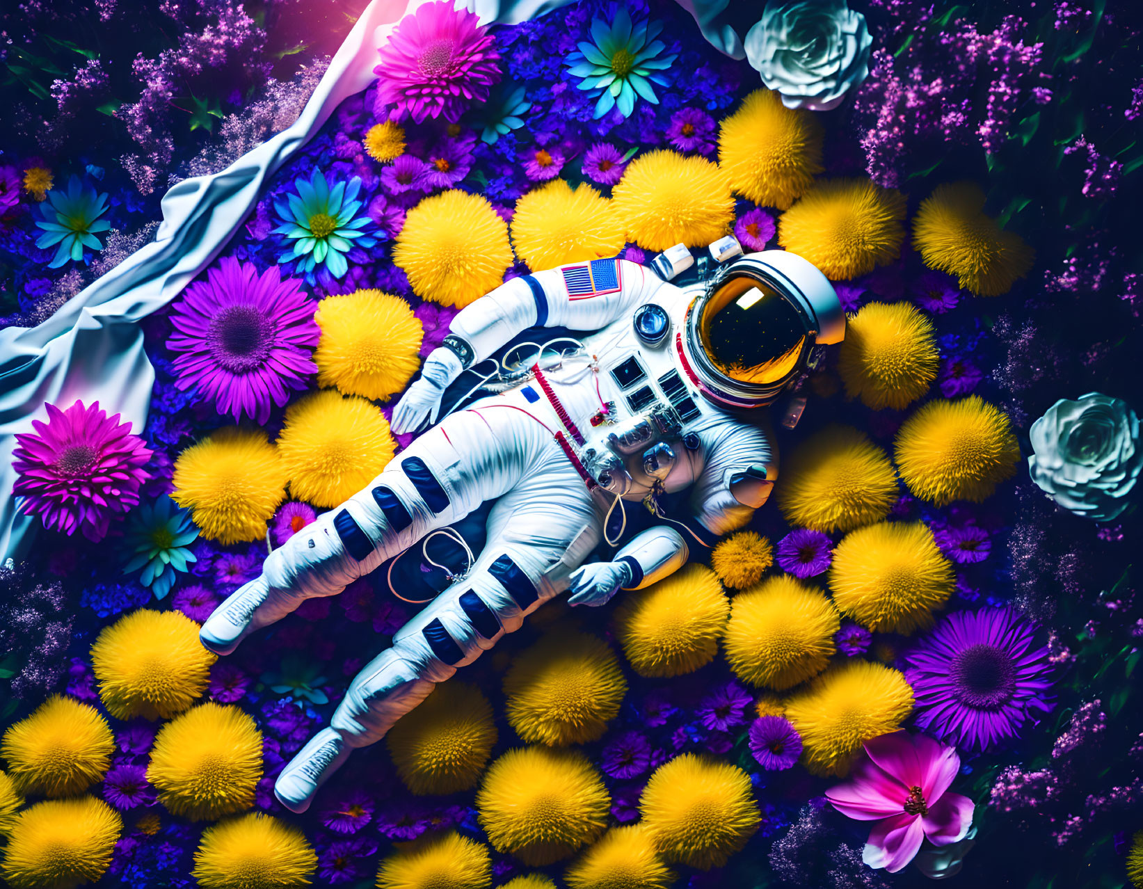 Astronaut surrounded by colorful flowers on dark background