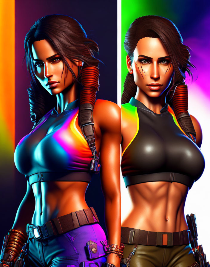 Female character digital artwork with vibrant color schemes and futuristic clothing variants.