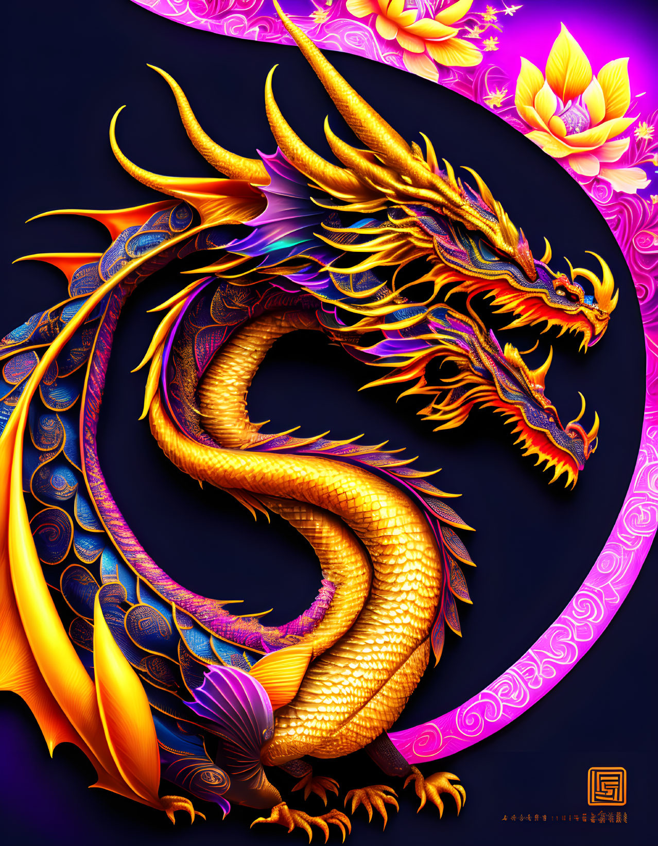 Golden dragon with blue patterns on purple background & lotus flowers