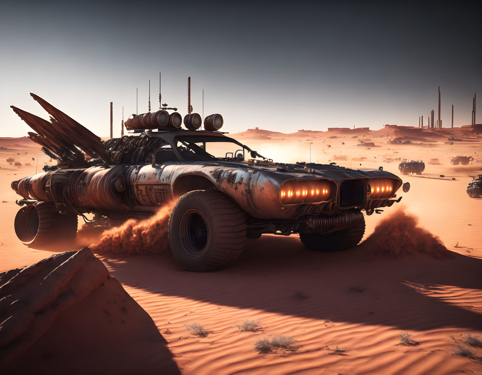 Armored car with large tires racing in desert landscape with futuristic structures.