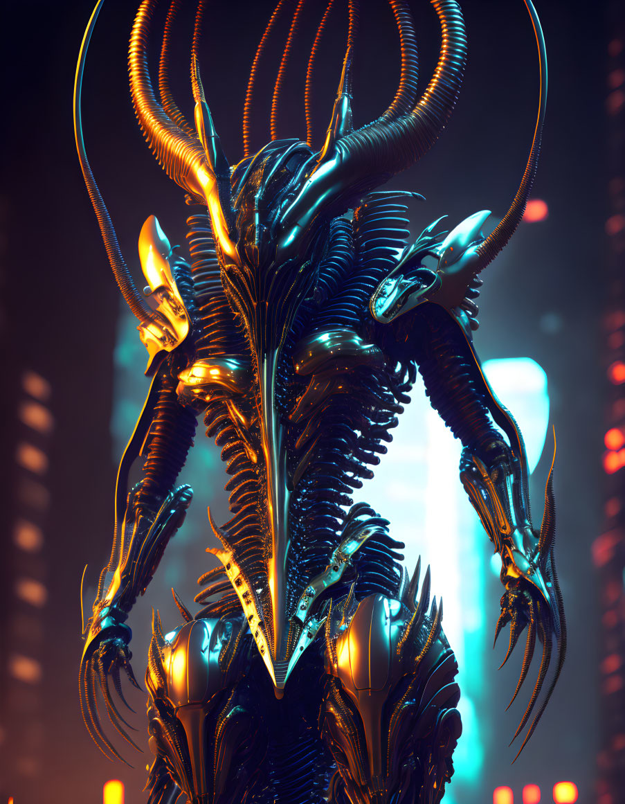 Futuristic robotic creature with glowing blue accents in neon-lit urban setting