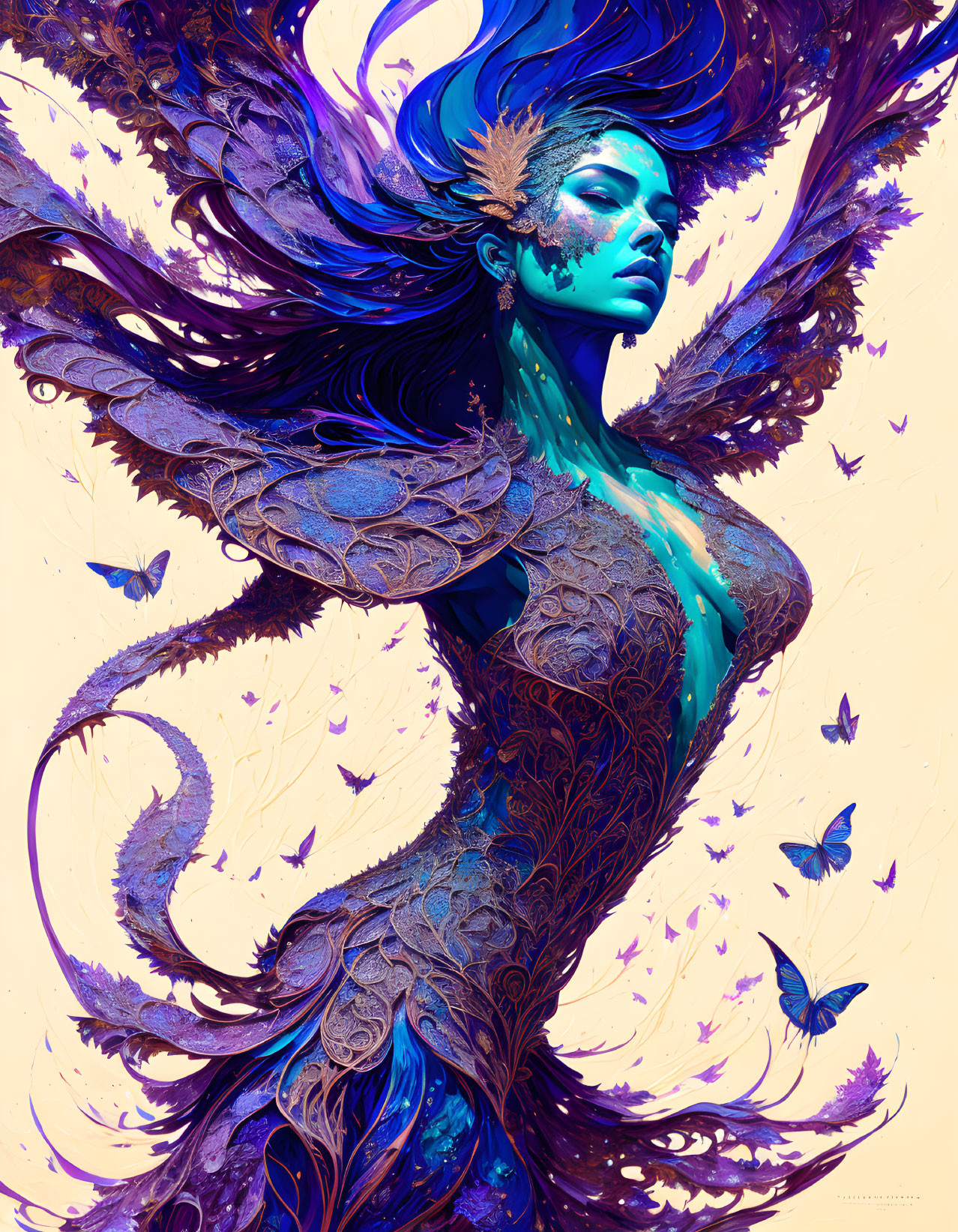 Fantastical female figure with wings in vibrant blue and purple hues surrounded by butterflies