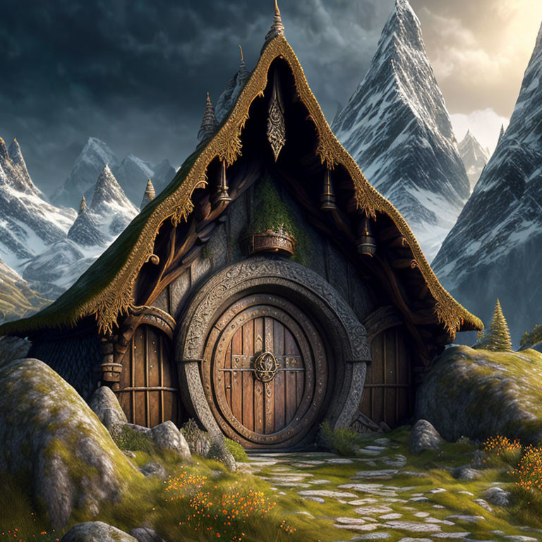 Fantasy-style round wooden door in hill with thatched roof and mountain landscape.