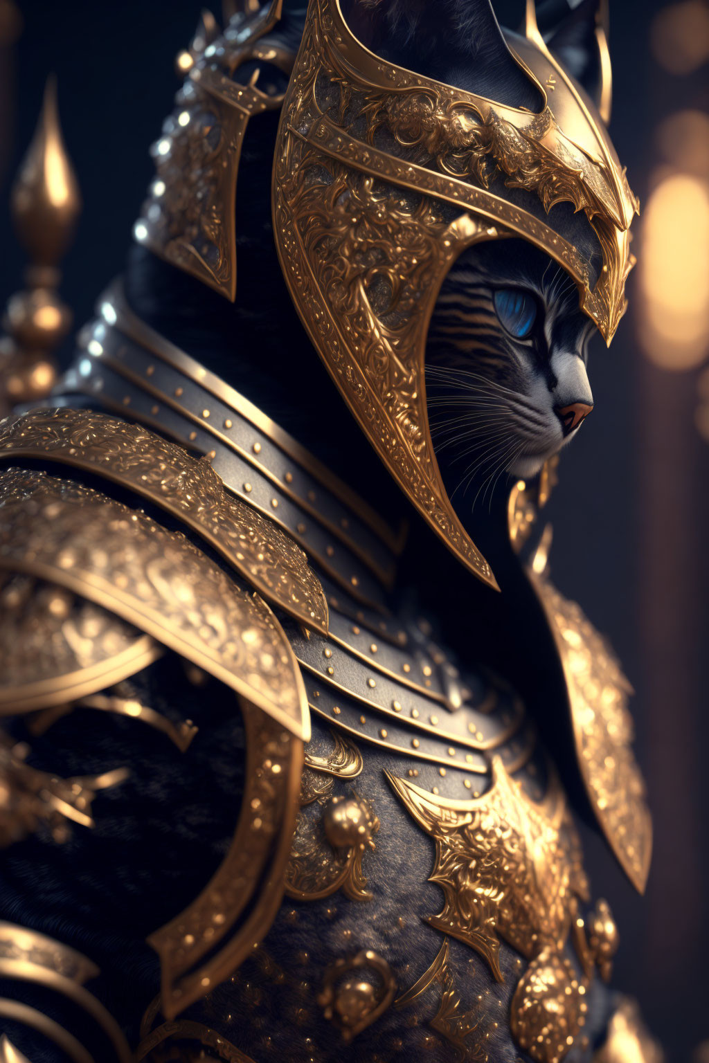 Blue-eyed cat in golden knight armor against dark backdrop