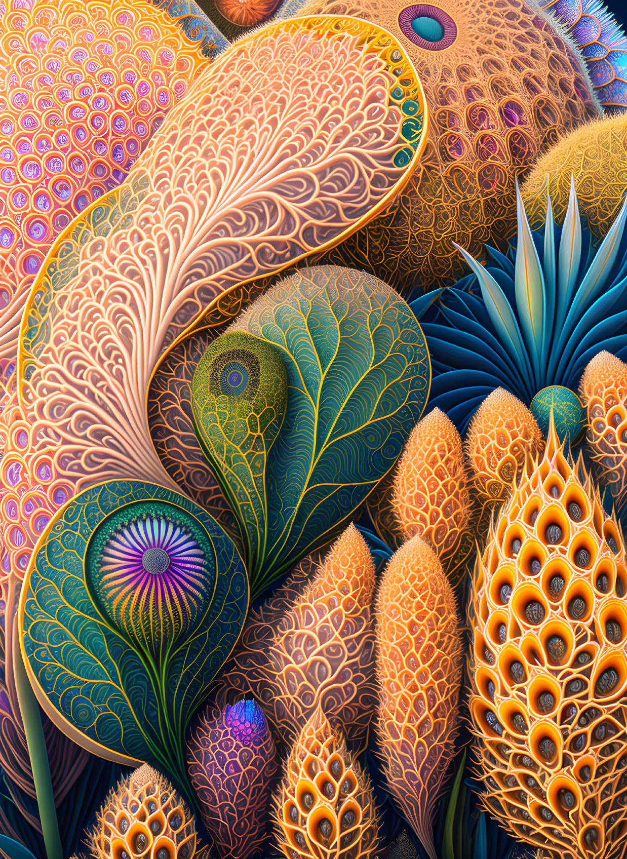 Vibrant digital artwork with intricate fractal-like patterns