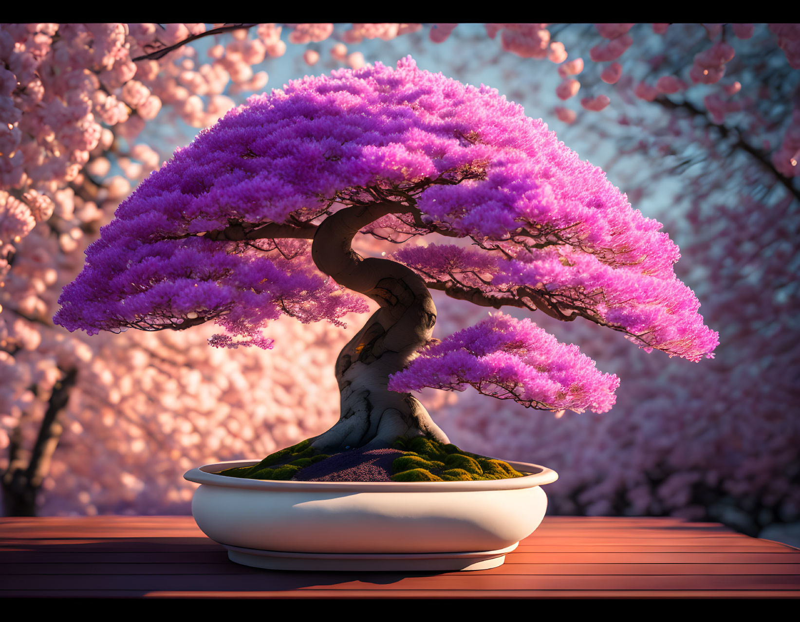 Vibrant bonsai tree with purple foliage in white pot amid pink cherry blossoms.