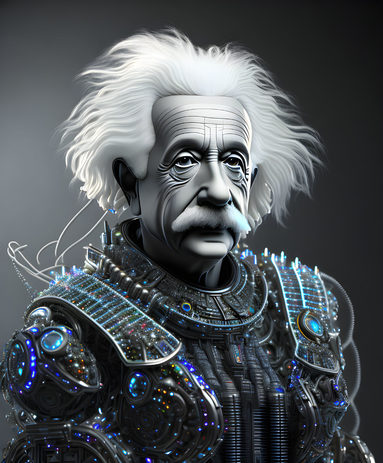 Futuristic digital artwork of character in Albert Einstein-inspired robotic suit