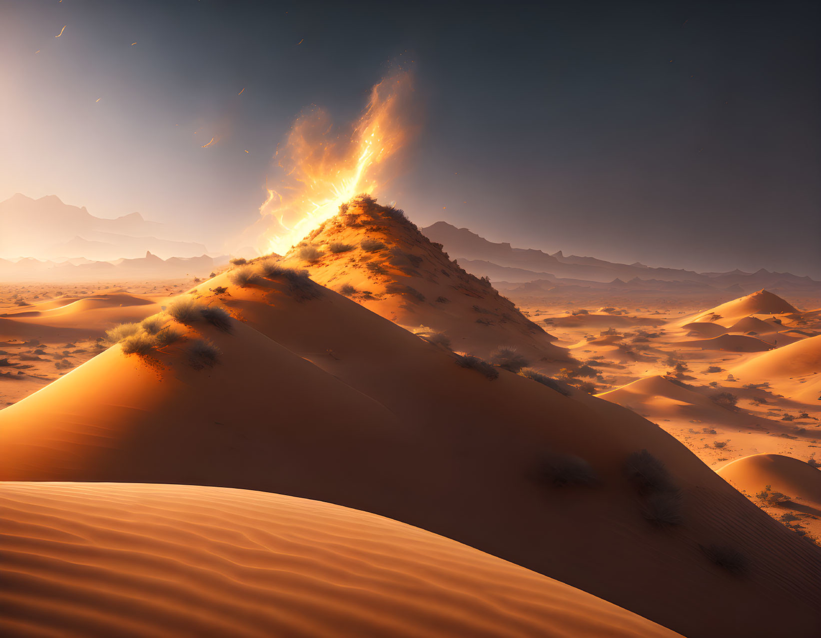 Volcanic eruption on desert dune with dramatic sky and floating embers