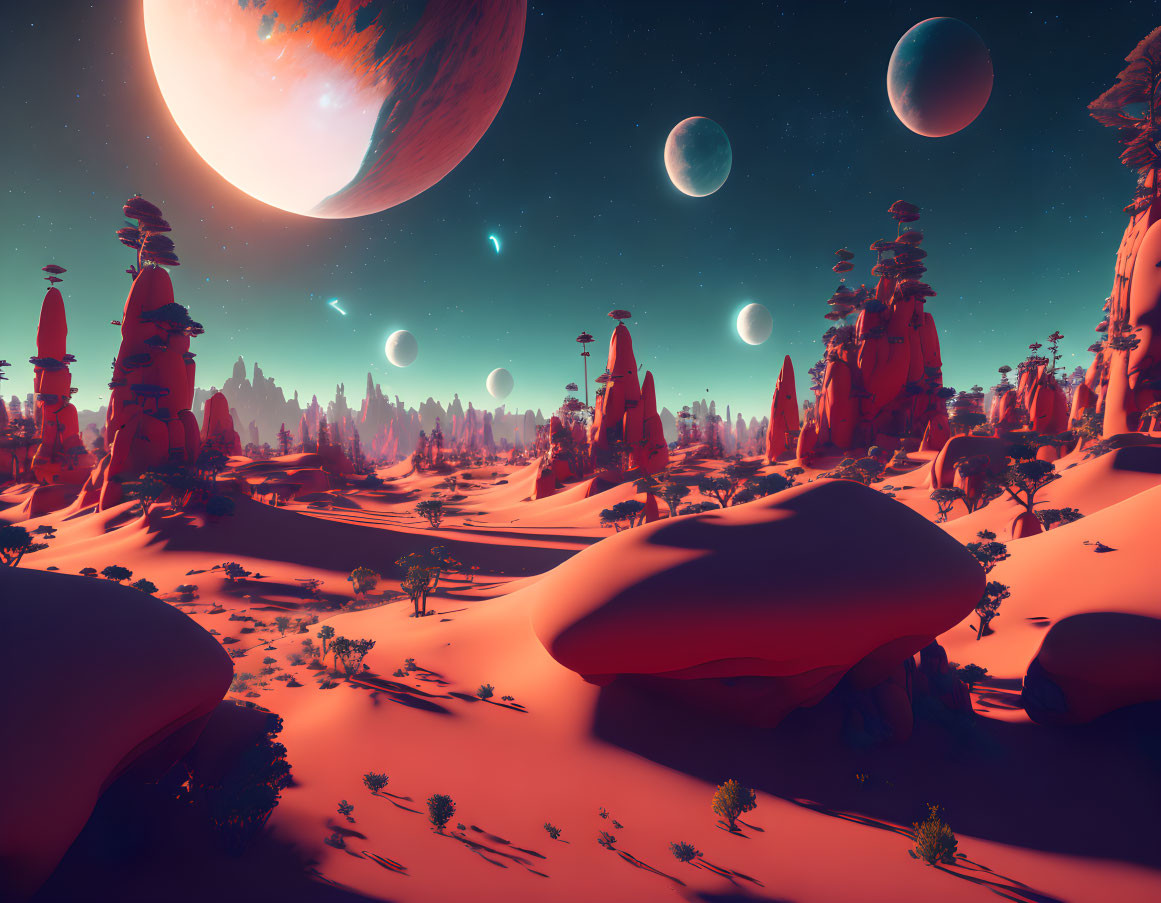 Alien landscape with red sand, rock formations, moons, and giant planet