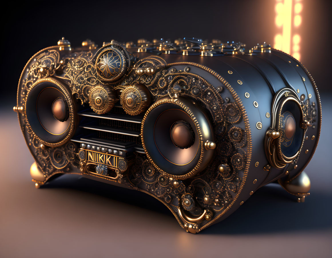 Intricately designed steampunk-style speaker with metallic gears and ornate patterns