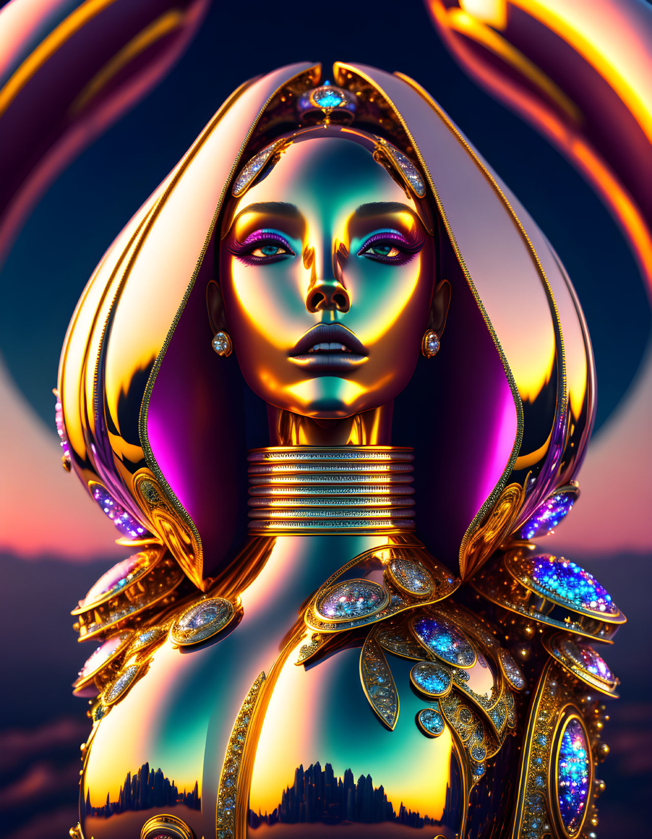 Stylized female figure in golden armor with gemstones on twilight landscape