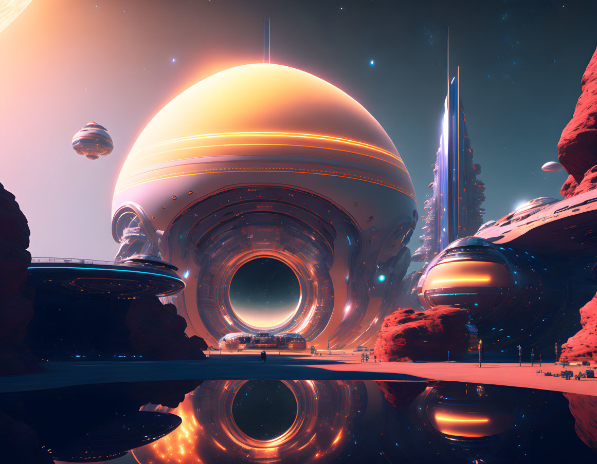 Futuristic cityscape with ring structure, planet, and starlit sky.