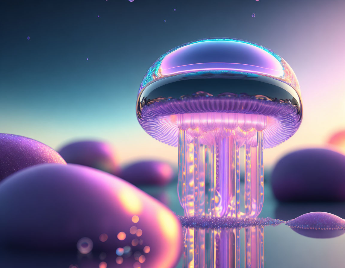 Surreal jellyfish-like entity with neon glow on iridescent pebbles in twilight scene