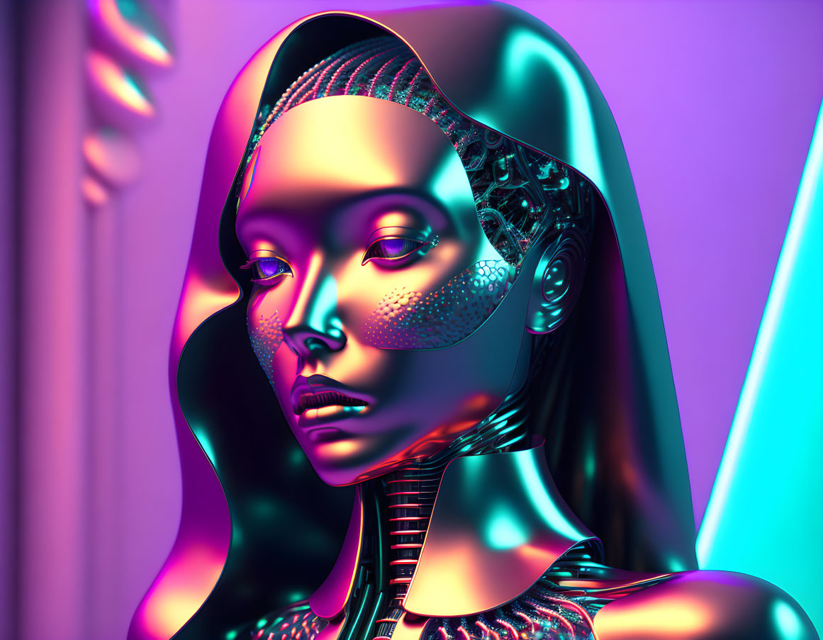 Futuristic metallic female android against vibrant neon backdrop