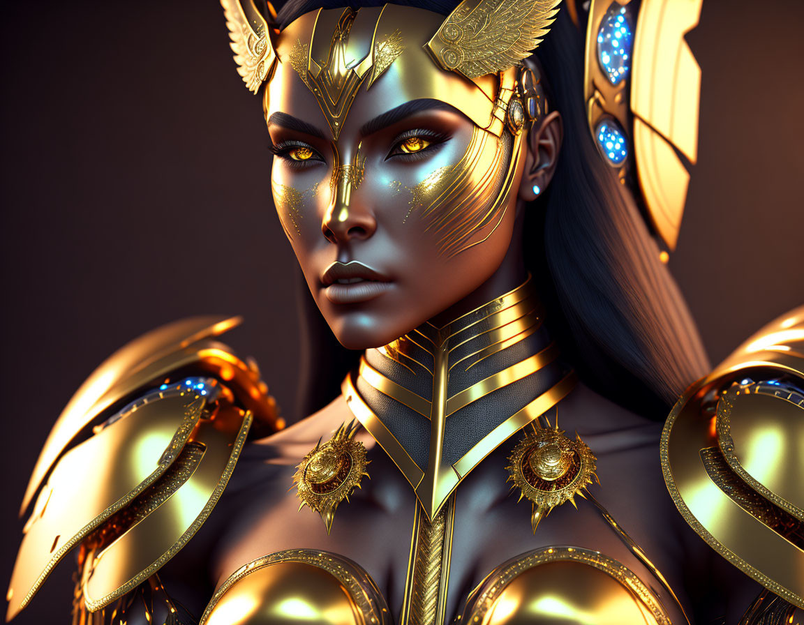 Digital artwork: Woman in golden armor with intricate designs and elegant helmet on dark background