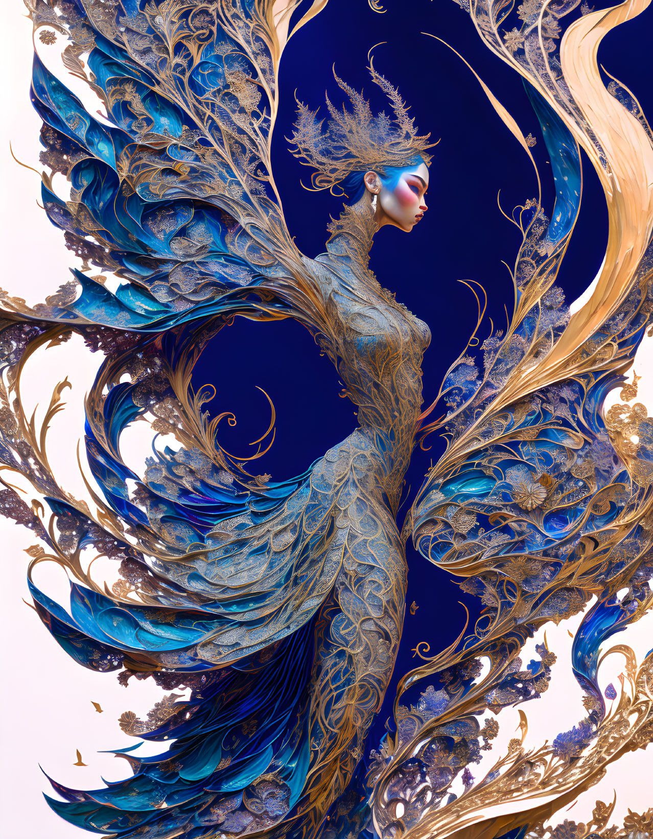 Woman with Blue and Gold Feather-Like Wings and Ornate Attire on Blue Background