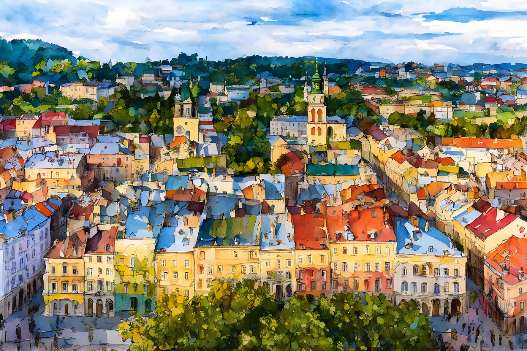 European town painting with colorful buildings and church spires