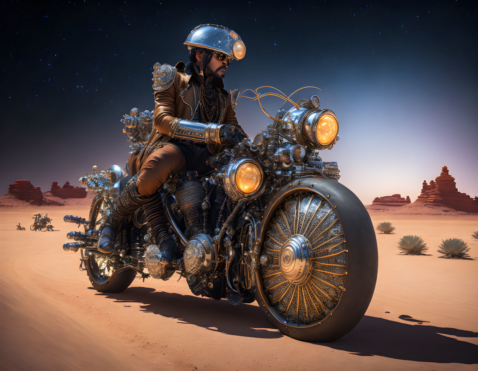 Steampunk-style motorcycle rider in desert landscape