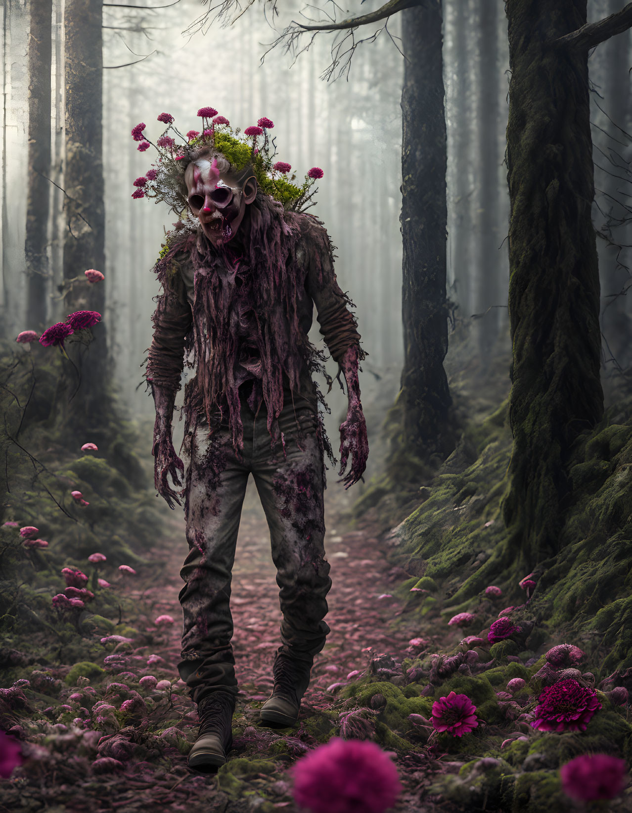 Person in forest with skull mask and flowers in pink foliage