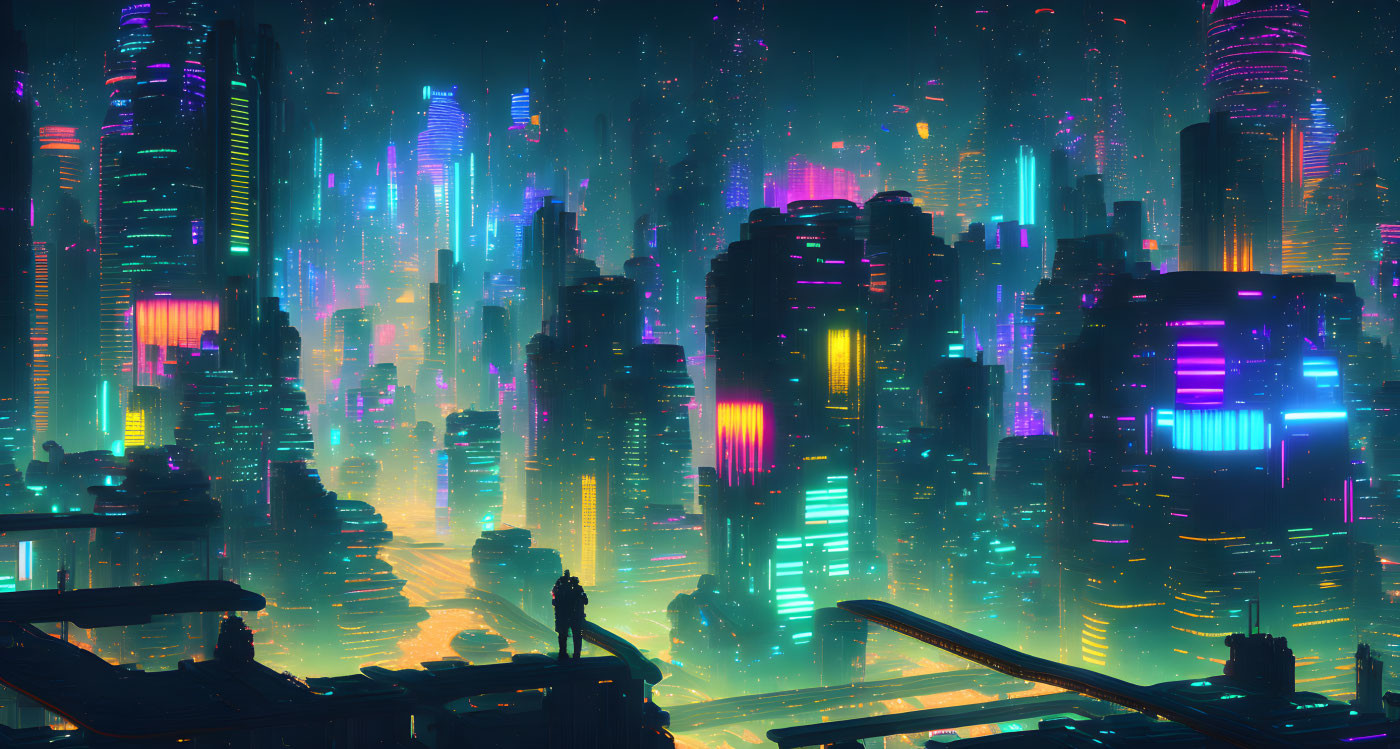 Futuristic neon-lit cityscape with towering skyscrapers at night