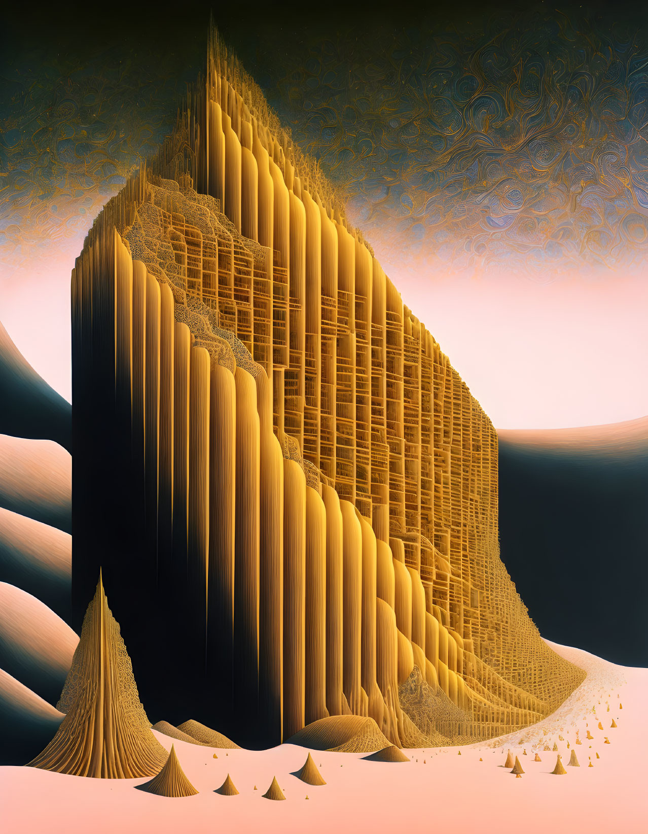 Colossal geometric mountain in surreal landscape