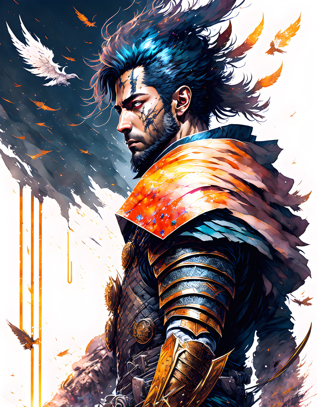 Bearded warrior with blue hair in gold armor and fiery cape