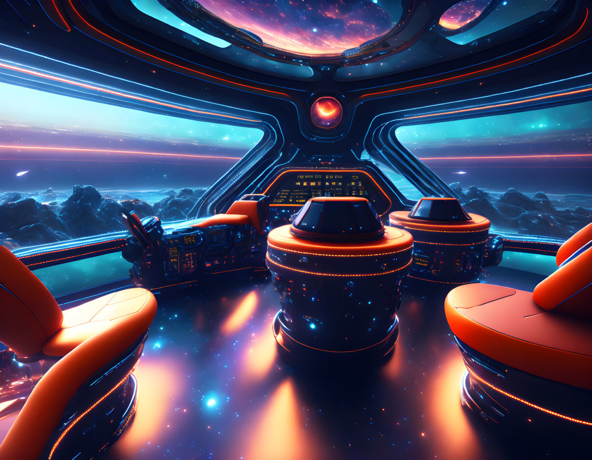 Futuristic spaceship bridge with orange seats and cosmic landscape view