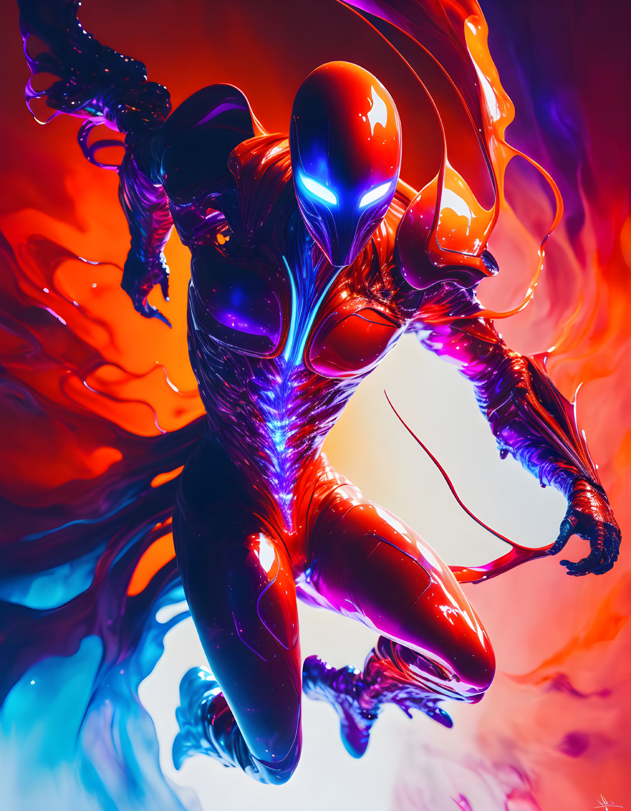 Colorful Digital Artwork: Metallic Humanoid Leaping with Energy Swirls