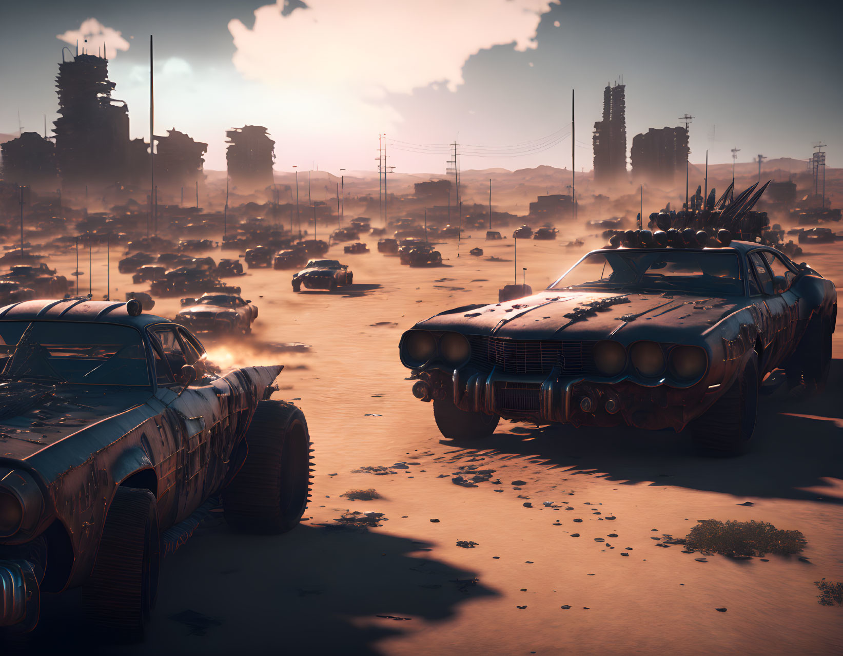 Muscle cars racing in dystopian desert with ruined buildings under hazy sky