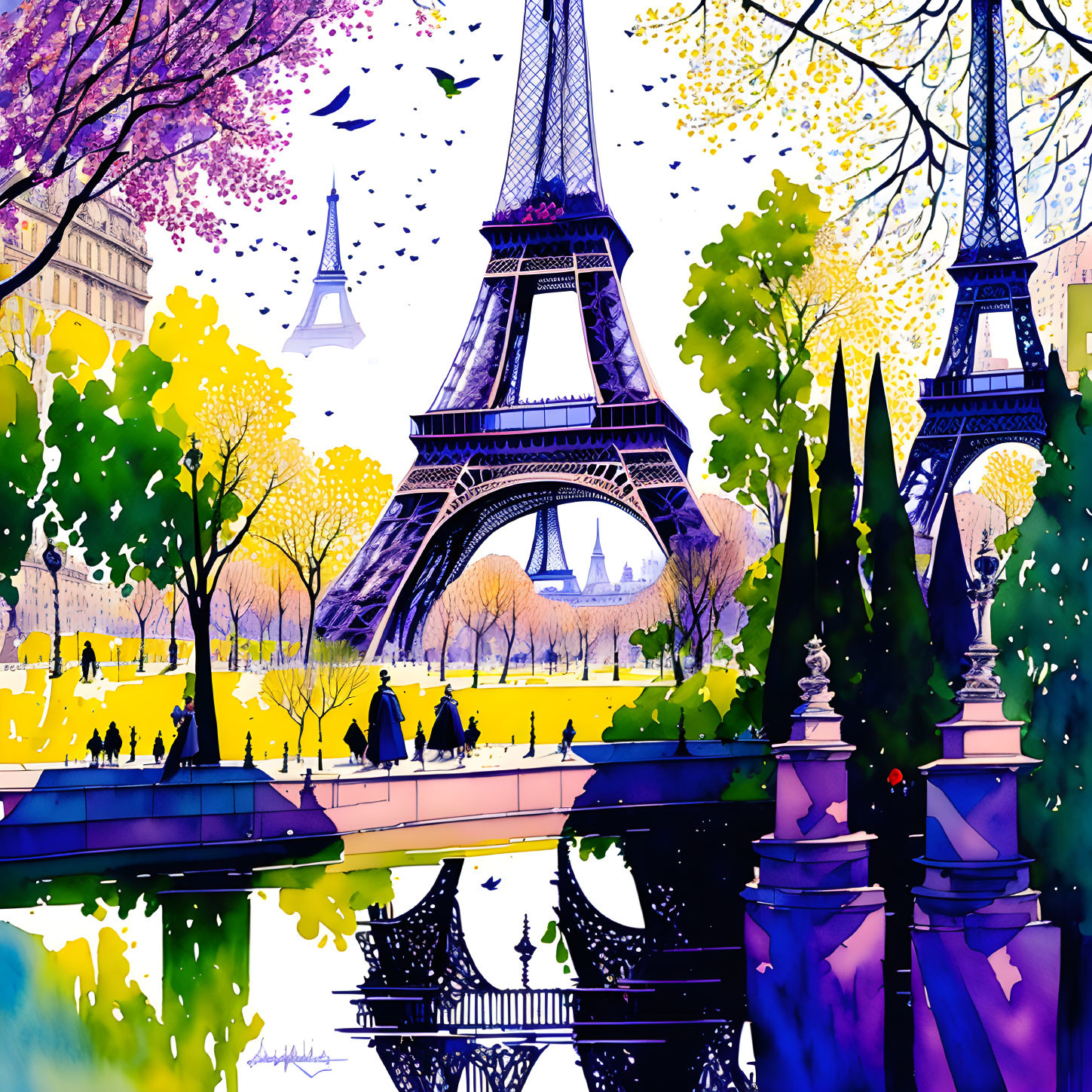 Colorful Eiffel Tower illustration with trees, water reflection, and riverside scene