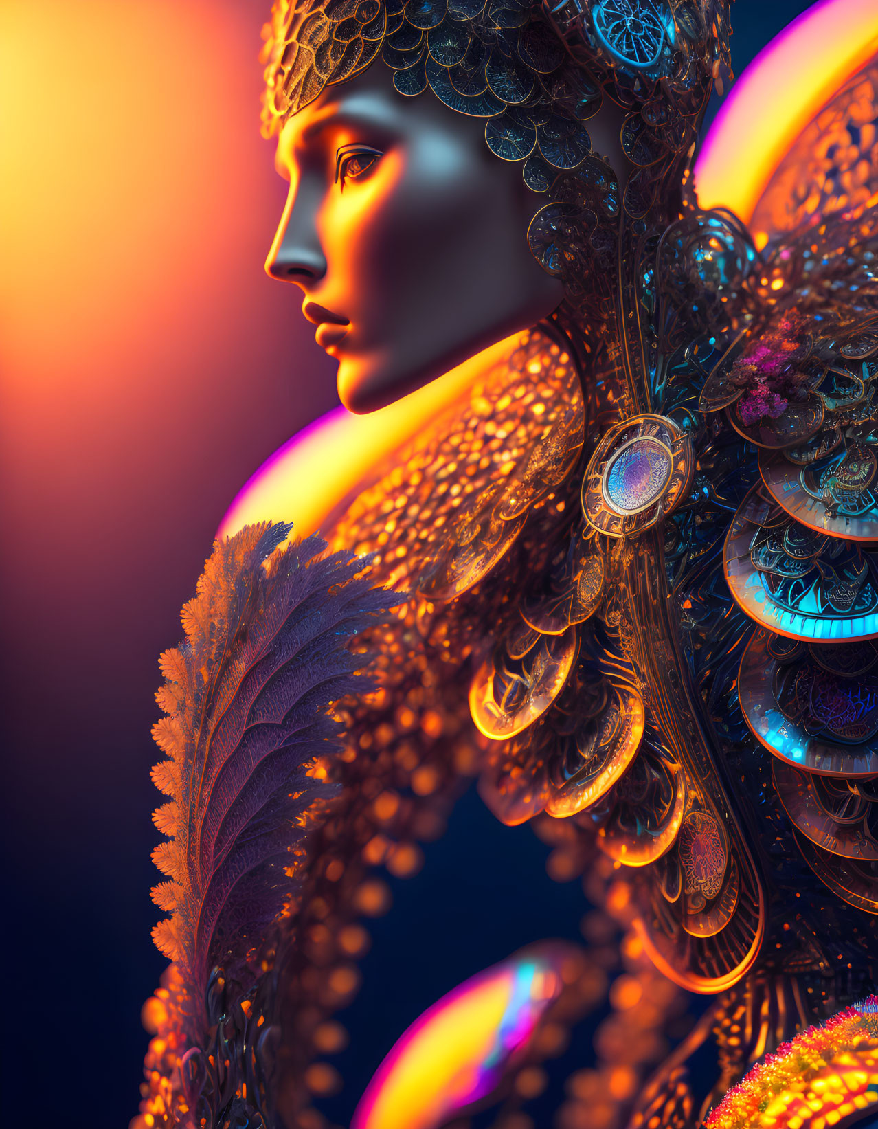 Colorful digital profile portrait of ornate armored figure on warm gradient backdrop