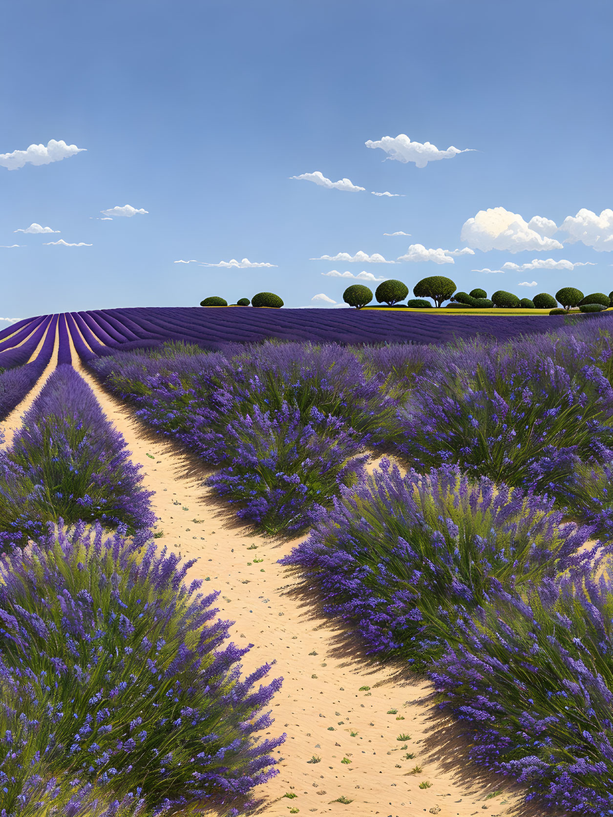 Tranquil Lavender Field with Purple Flowers and Green Trees