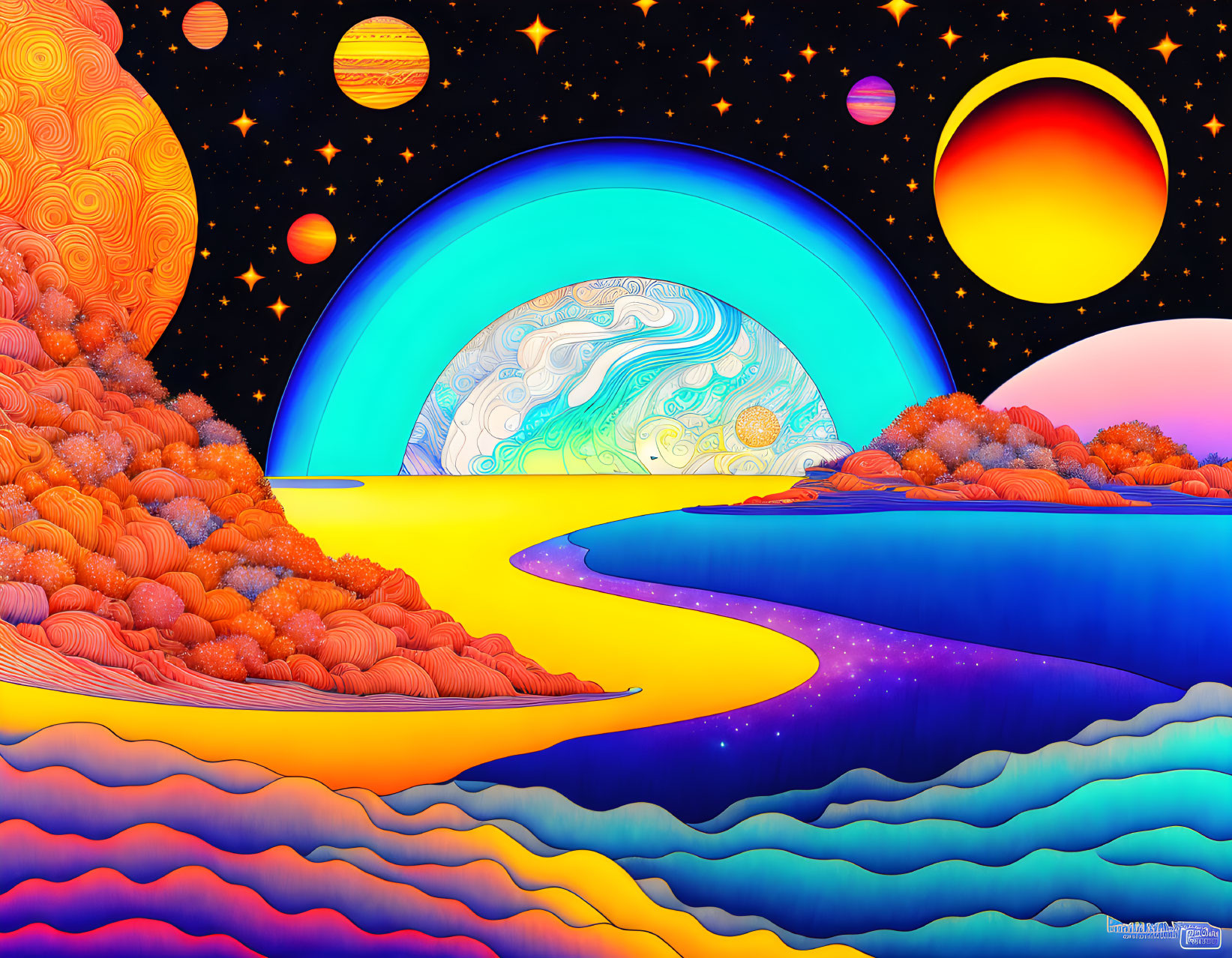 Colorful Psychedelic Landscape with River and Planets