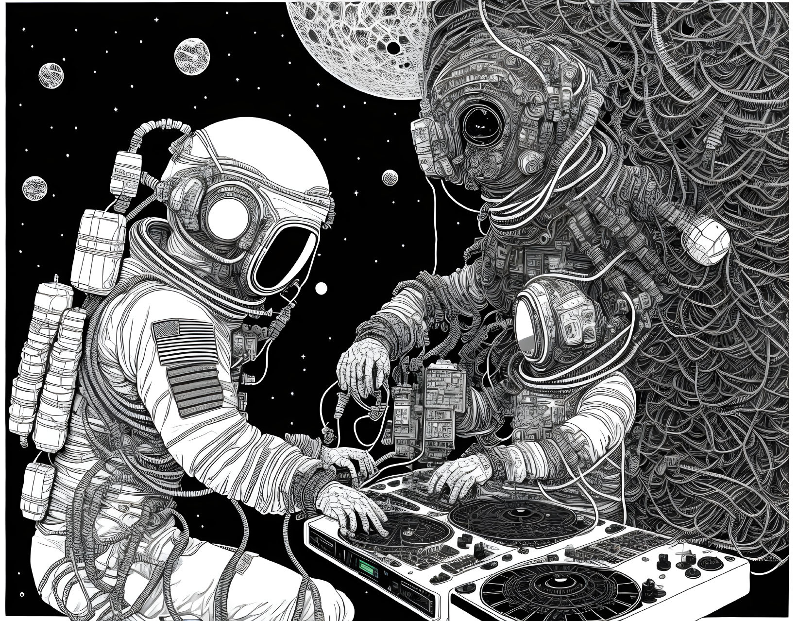 Astronauts DJing in space with cosmic backdrop