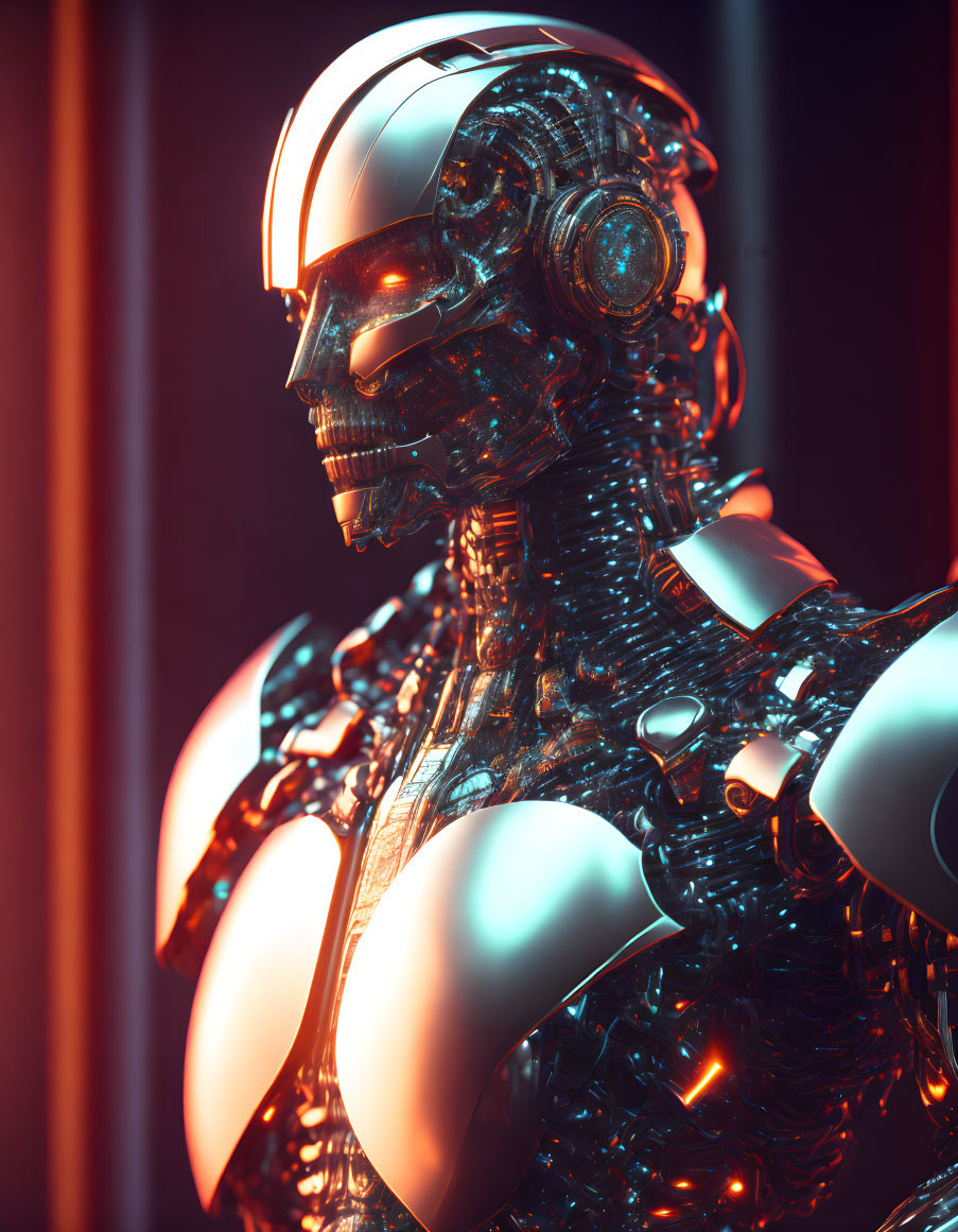 Detailed humanoid robot with internal mechanics and metallic exterior under red light