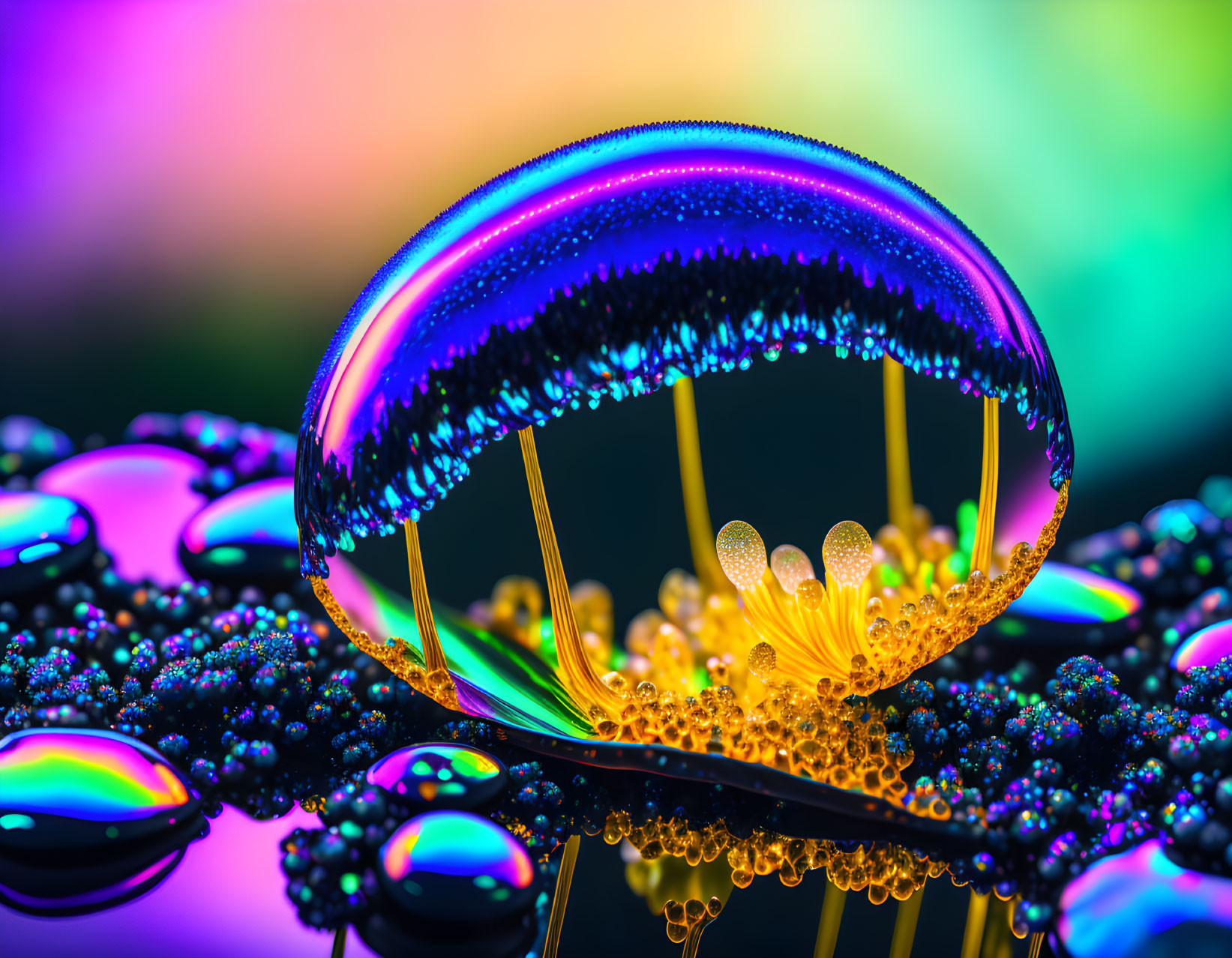 Iridescent bubble on golden filaments against multicolored background